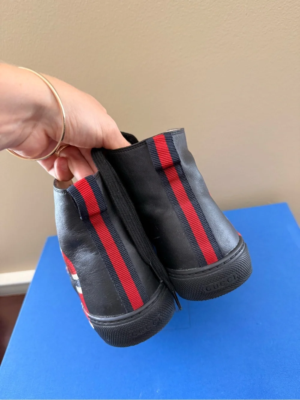 Gucci Black Leather High-Top Sneakers with Red & White Snake Accent